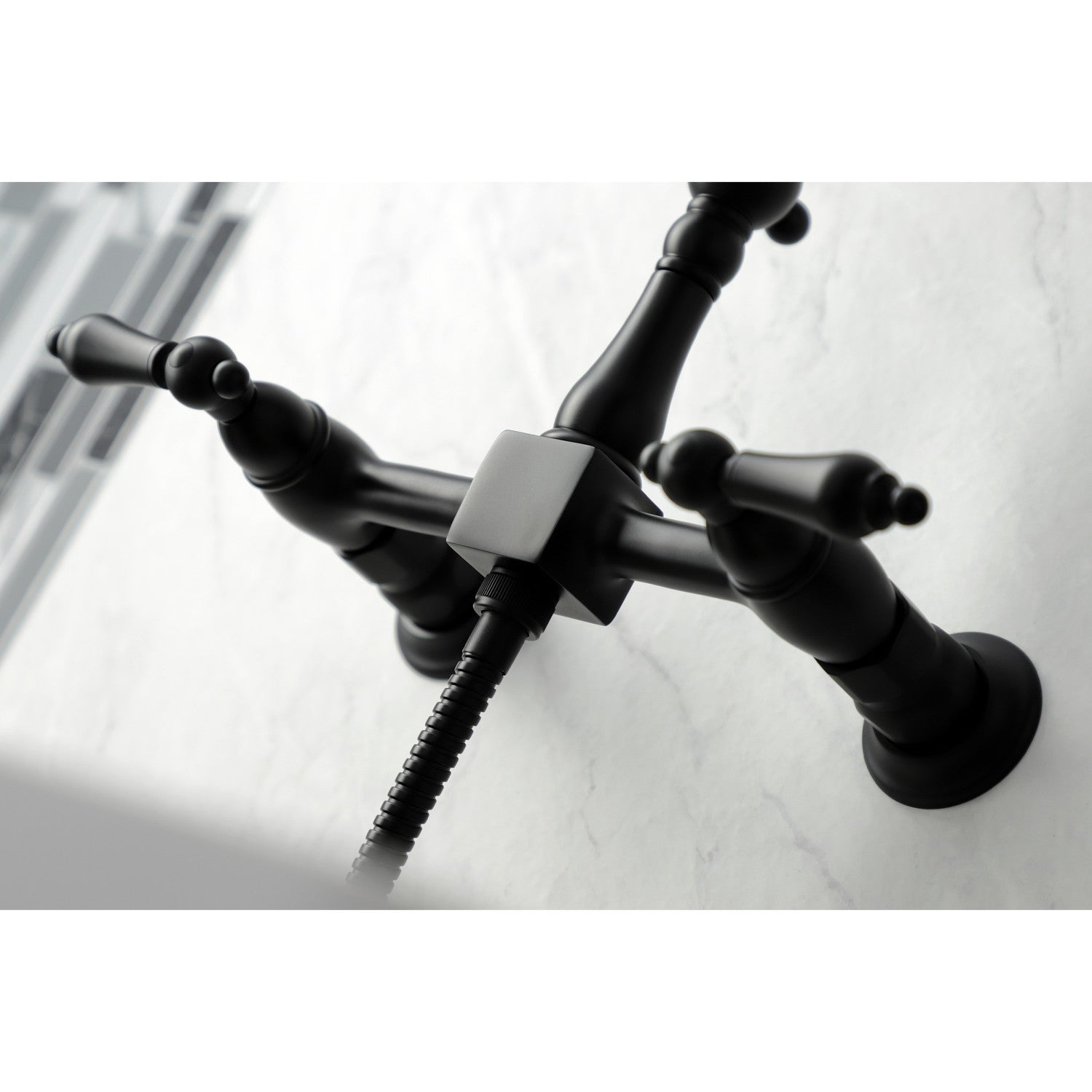 Kingston Heirloom KS1260ALBS - Heritage Two-Handle 3-Hole Wall Mount Bridge Kitchen Faucet with Brass Sprayer, Matte Black — thumbnail 3